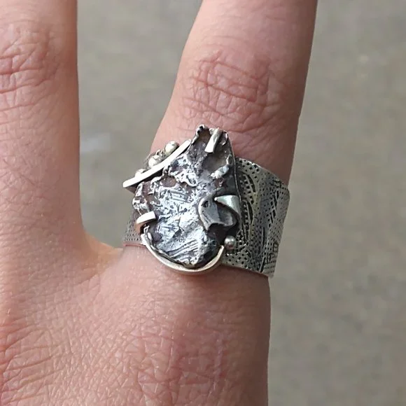 Vintage Sterling Silver Ring Size 12 Meteorite Modern Abstract Avant Garde